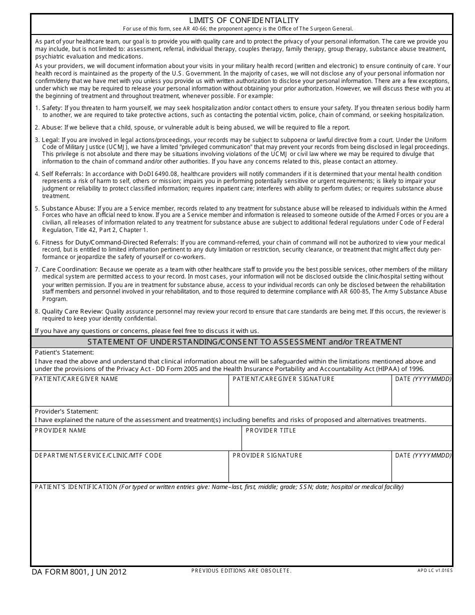 DA Form 8001 Limits of Confidentiality, Page 1