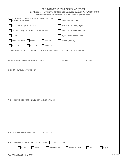 DA Form 7435 Preliminary Report of Mishap (Prom)