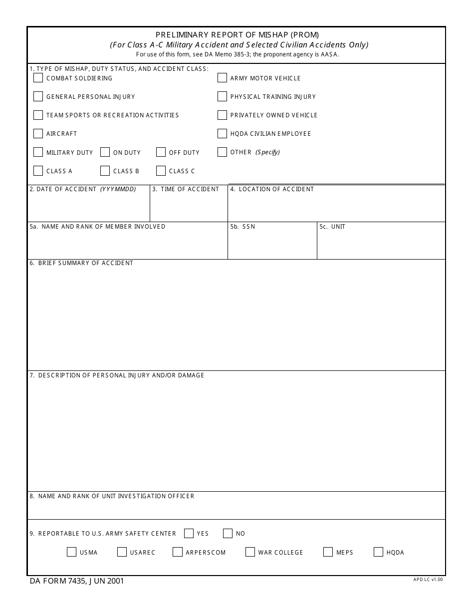 DA Form 7435 Preliminary Report of Mishap (Prom), Page 1