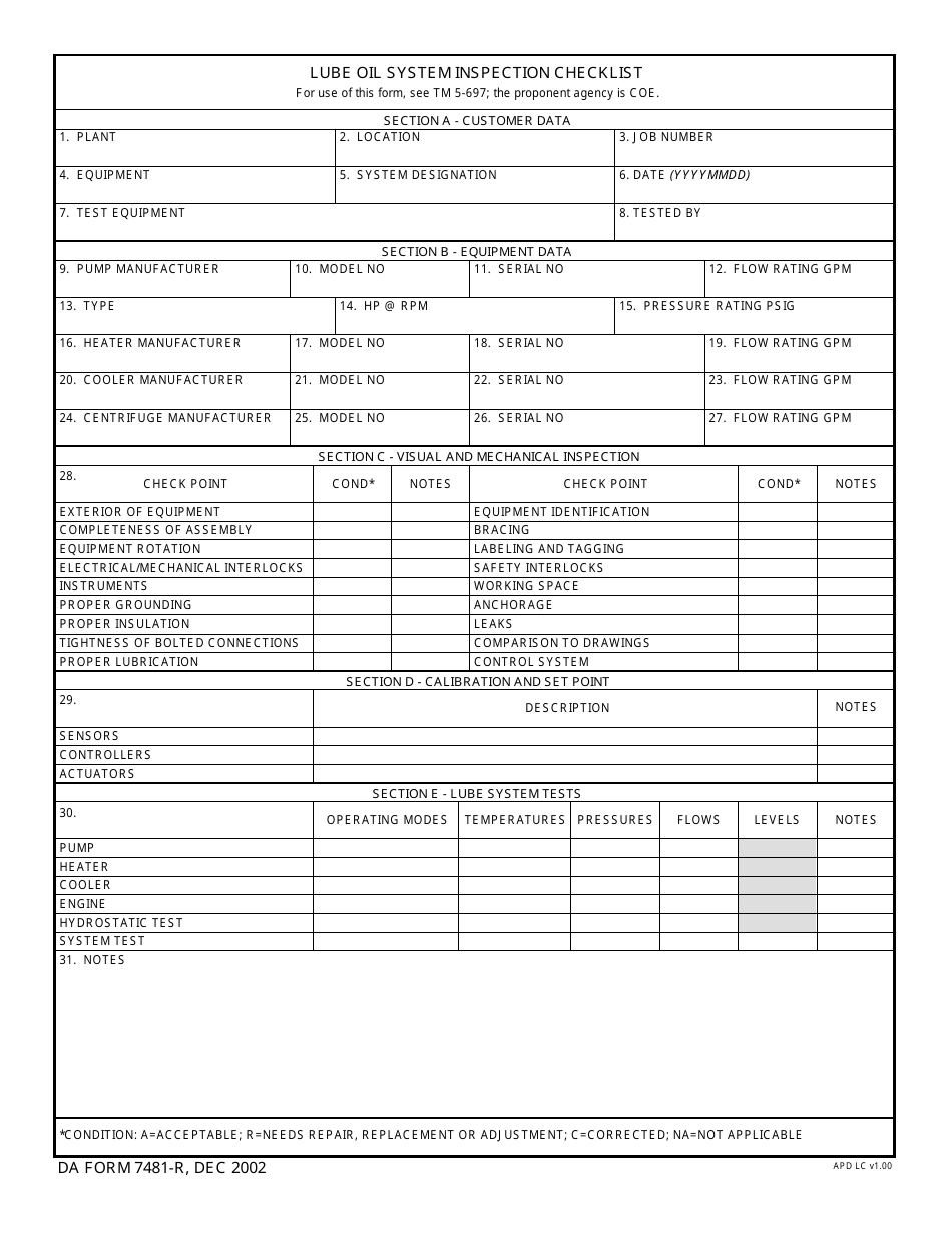 DA Form 7481-R Lube Oil System Inspection Checklist (LRA), Page 1