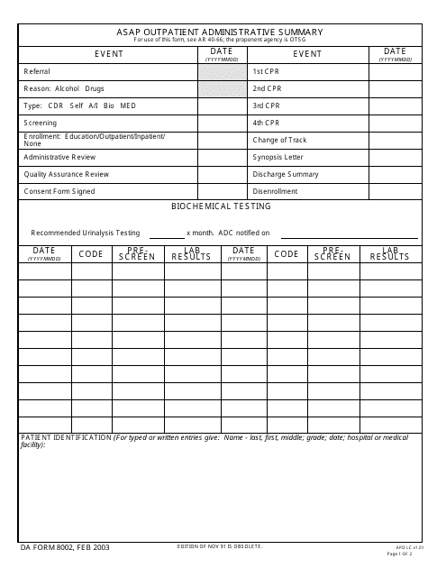 DA Form 8002 Asap Outpatient Administrative Summary