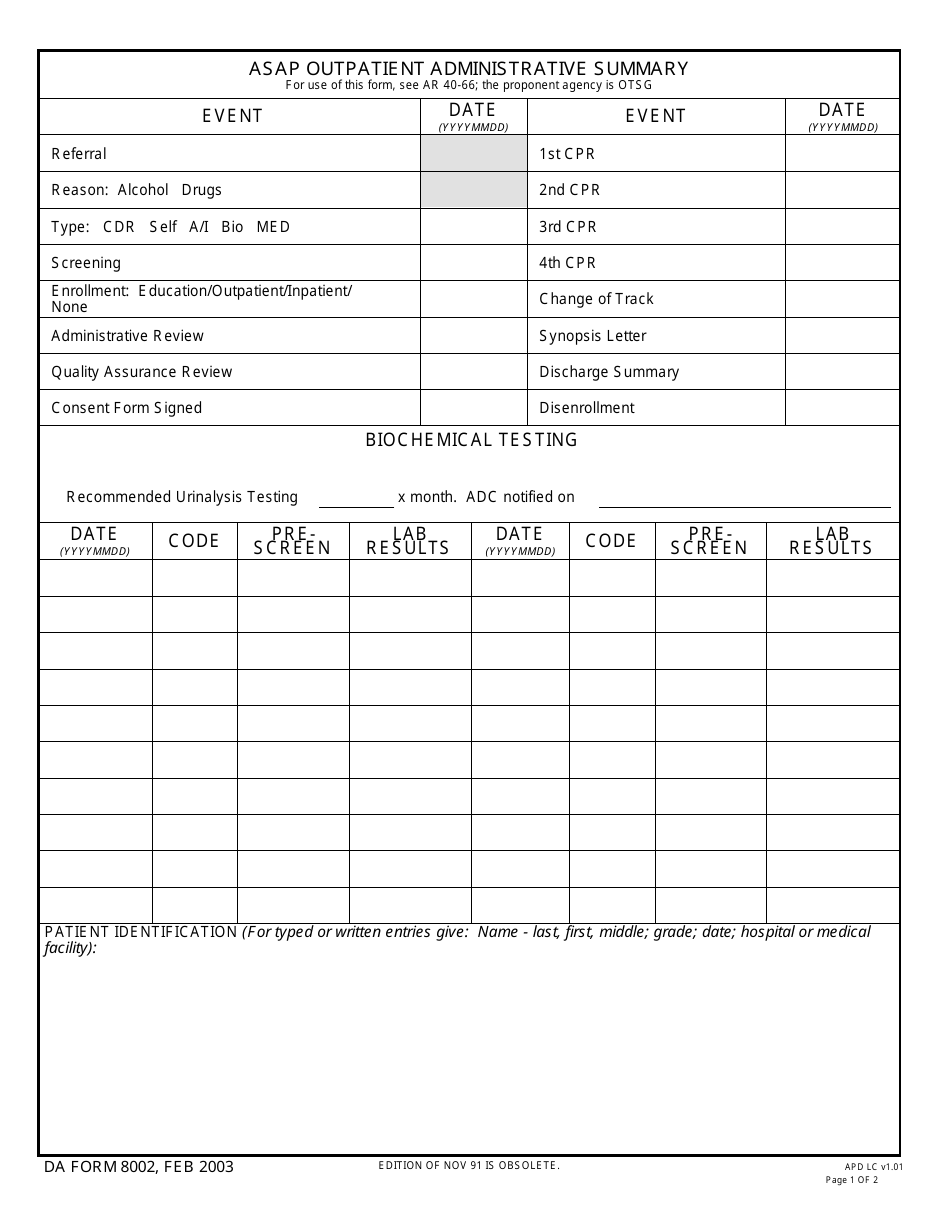 DA Form 8002 Asap Outpatient Administrative Summary, Page 1