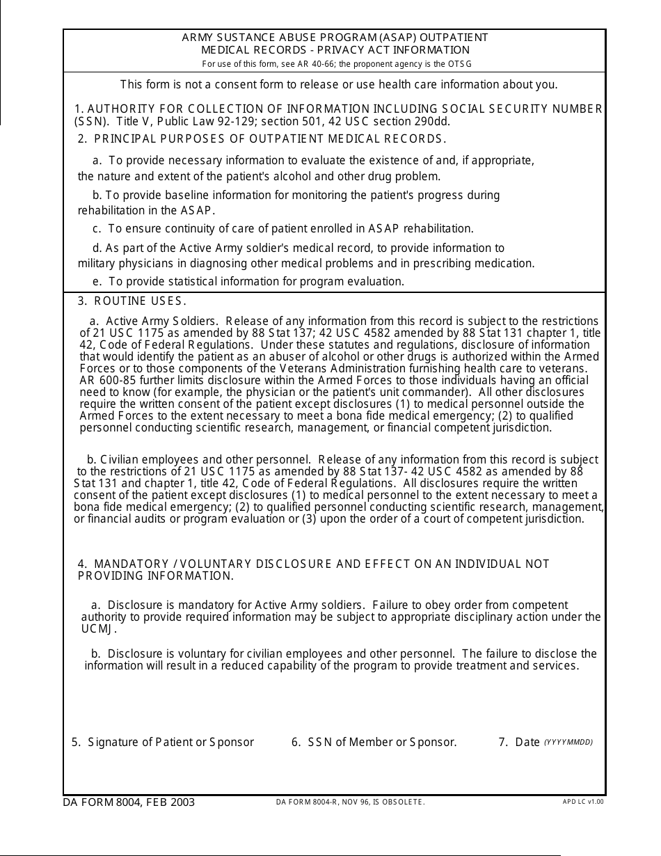 DA Form 8004 Army Sustance Abuse Program (Asap) Outpatient Medical Records - Privacy Act Information, Page 1