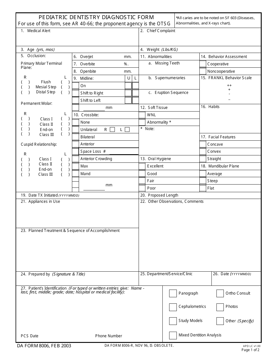 DA Form 8006 Pediatric Dentistry Diagnostic, Page 1