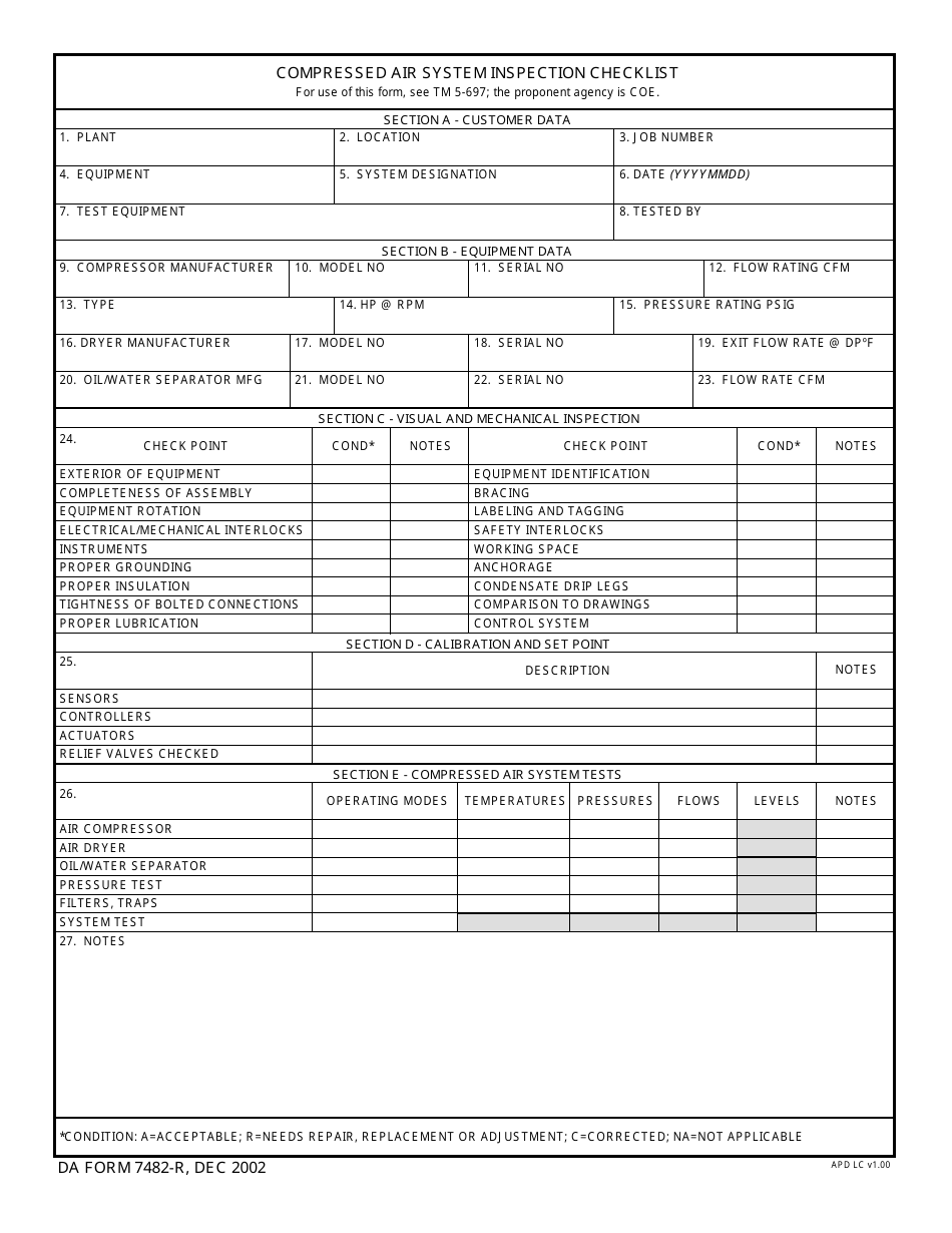 DA Form 7482-r Compressed Air System Inspection Checklist, Page 1