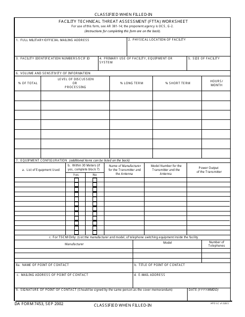 DA Form 7453 Facility Technical Threat Assessment (Ftta) Worksheet