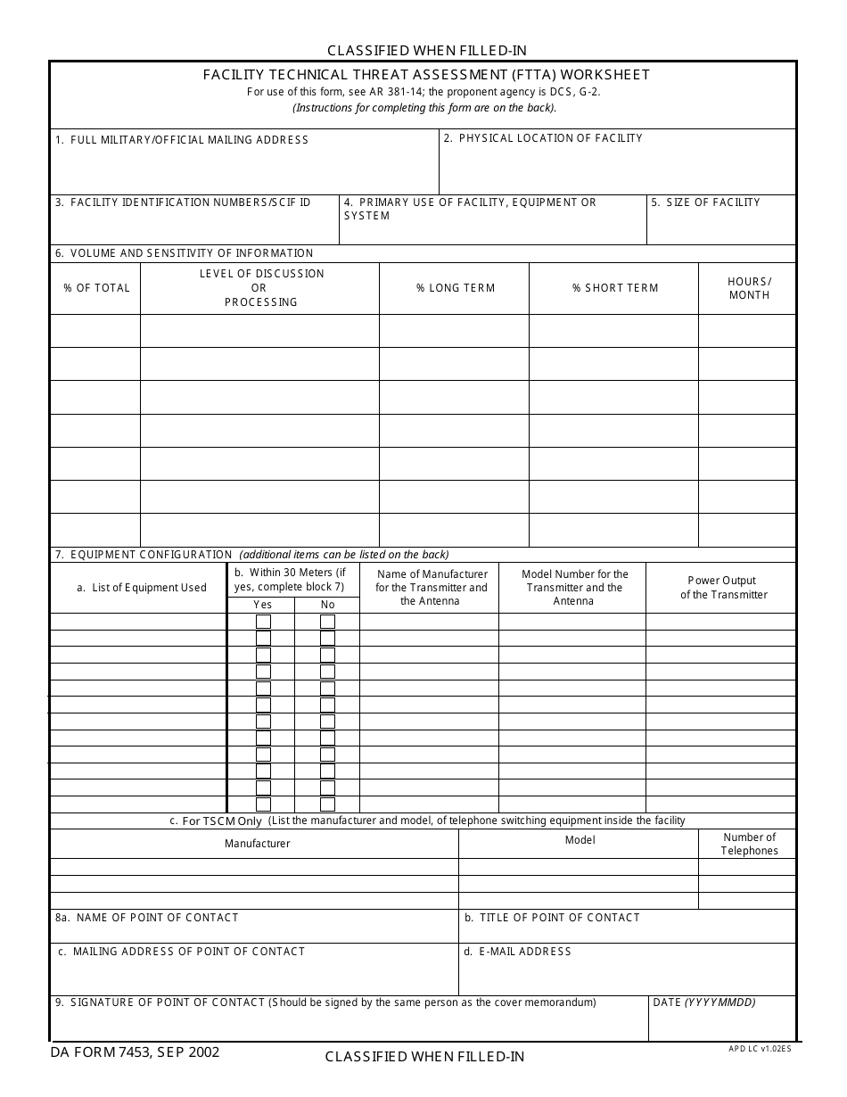 DA Form 7453 Facility Technical Threat Assessment (Ftta) Worksheet, Page 1