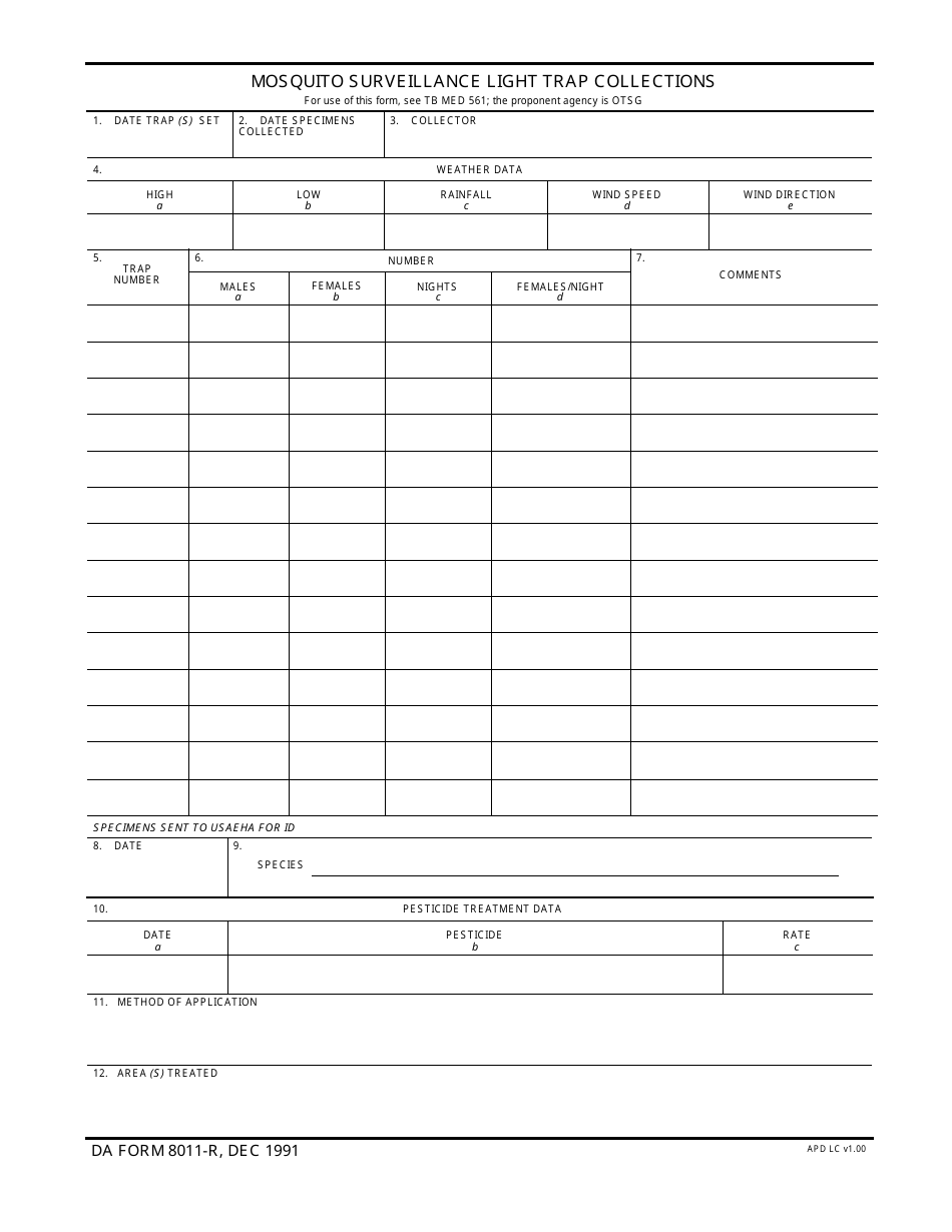DA Form 8011-r Mosquito Surveillance Light Trap Collections, Page 1