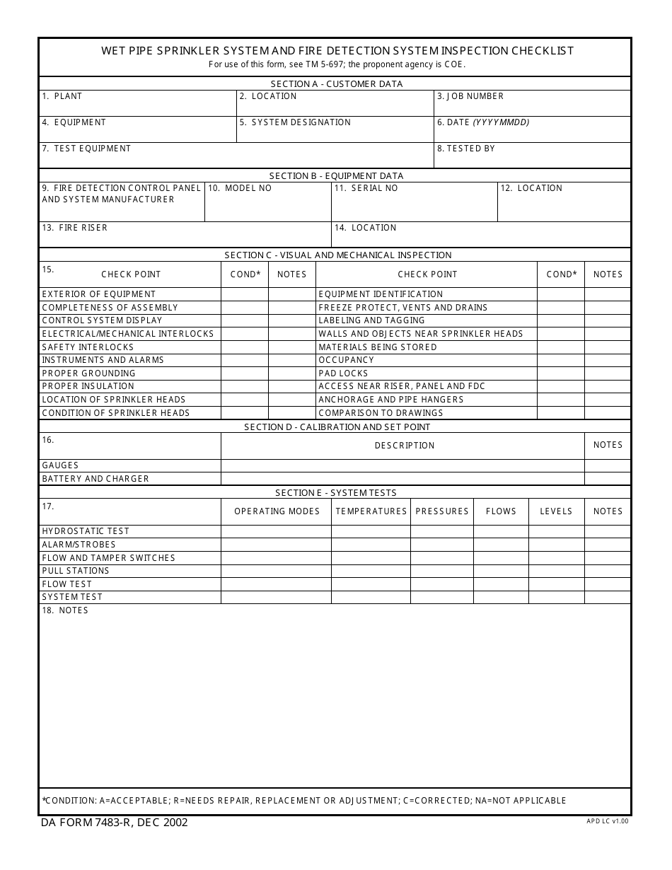 DA Form 7483-r Wet Pipe Sprinkler System and Fire Detection System Inspection Checklist, Page 1