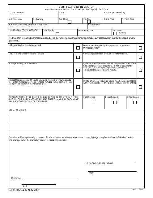 DA Form 7436 Certificate of Research