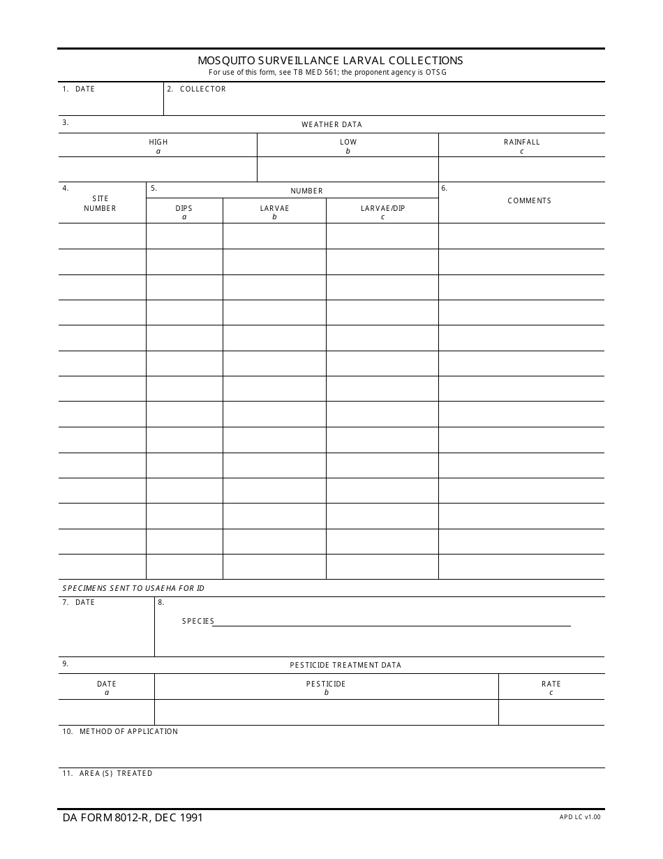 DA Form 8012-r Mosquito Surveillance Larval Collections, Page 1