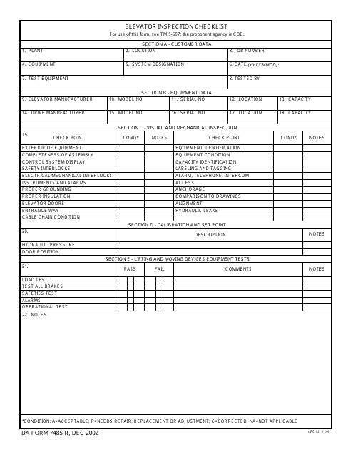 DA Form 7485-r Elevator Inspection Checklist
