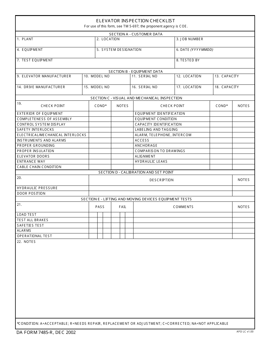 DA Form 7485-r Elevator Inspection Checklist, Page 1