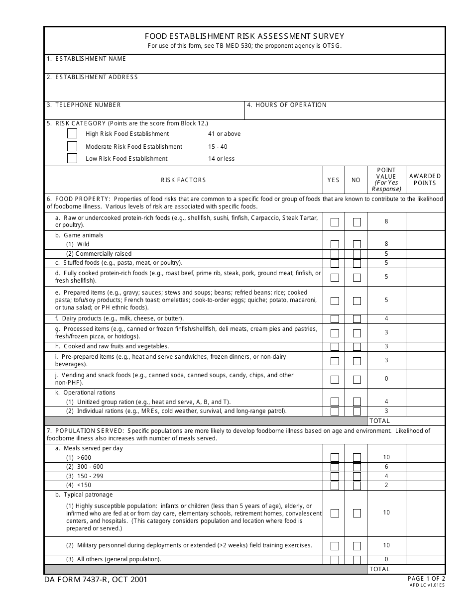 DA Form 7437-r Food Establishment Risk Assessment Survey, Page 1