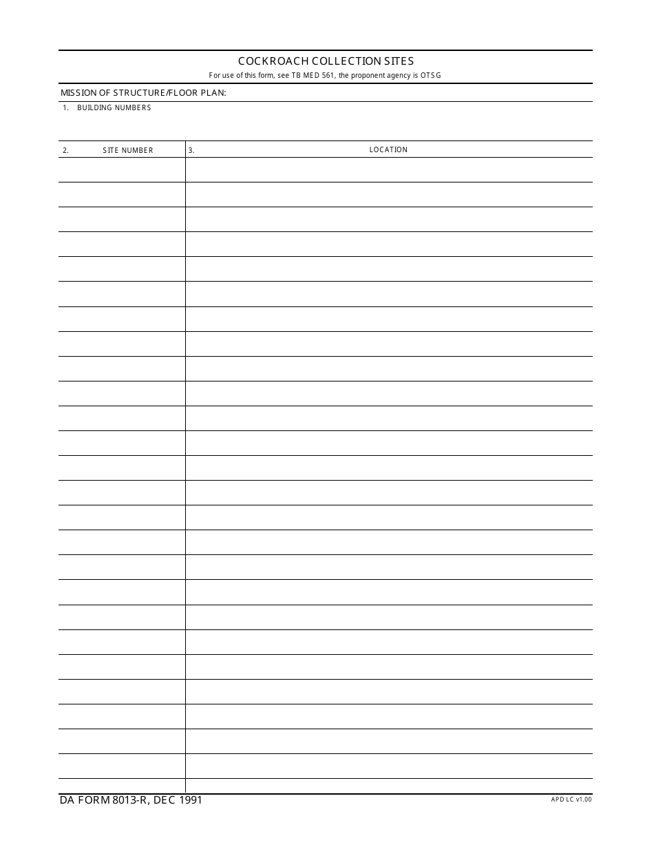 DA Form 8013-r Cockroach Collection Sites, Page 1