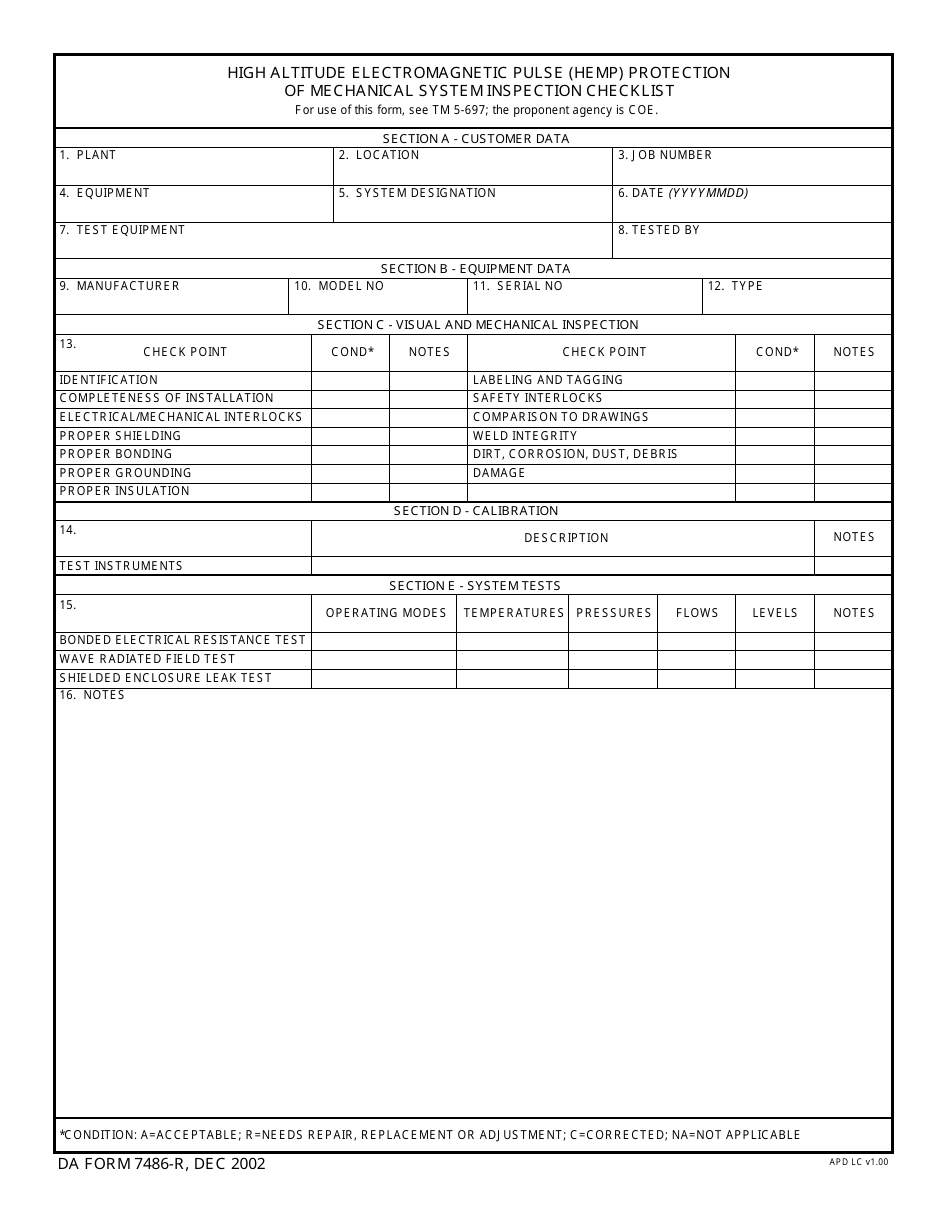 DA Form 7486-r High Altitude Electromagnetic Pulse (Hemp) Protection of Mechanical Systems Inspection Checklist, Page 1