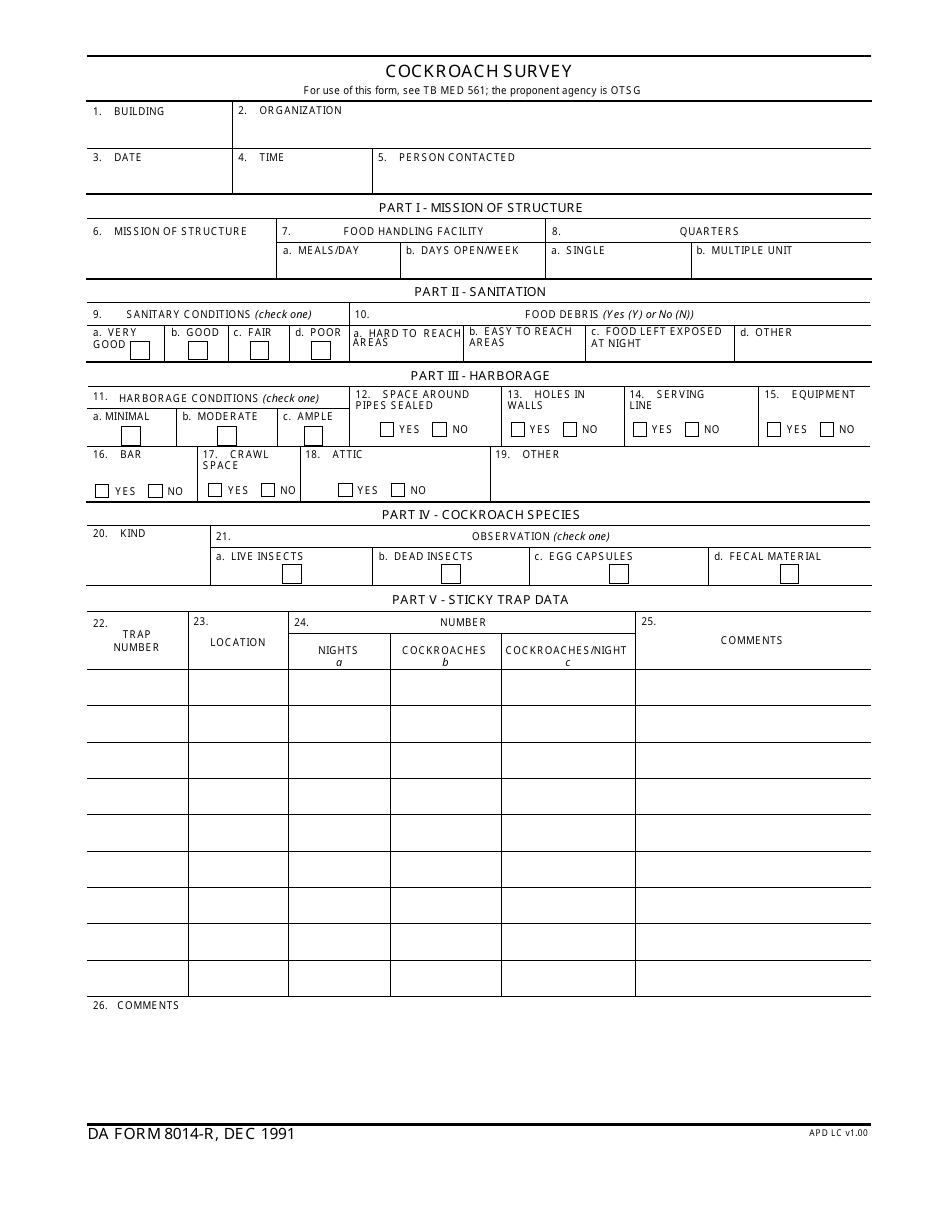 DA Form 8014-r Cockroach Survey, Page 1