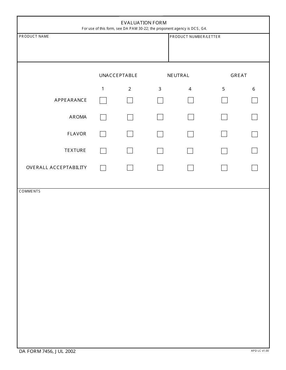 DA Form 7456 Evaluation Form, Page 1
