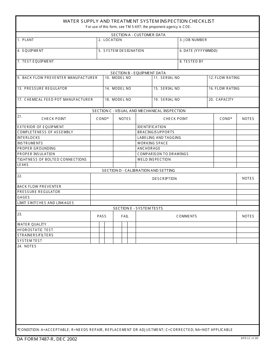 DA Form 7487-r Water Supply and Treatment System Inspection Checklist, Page 1