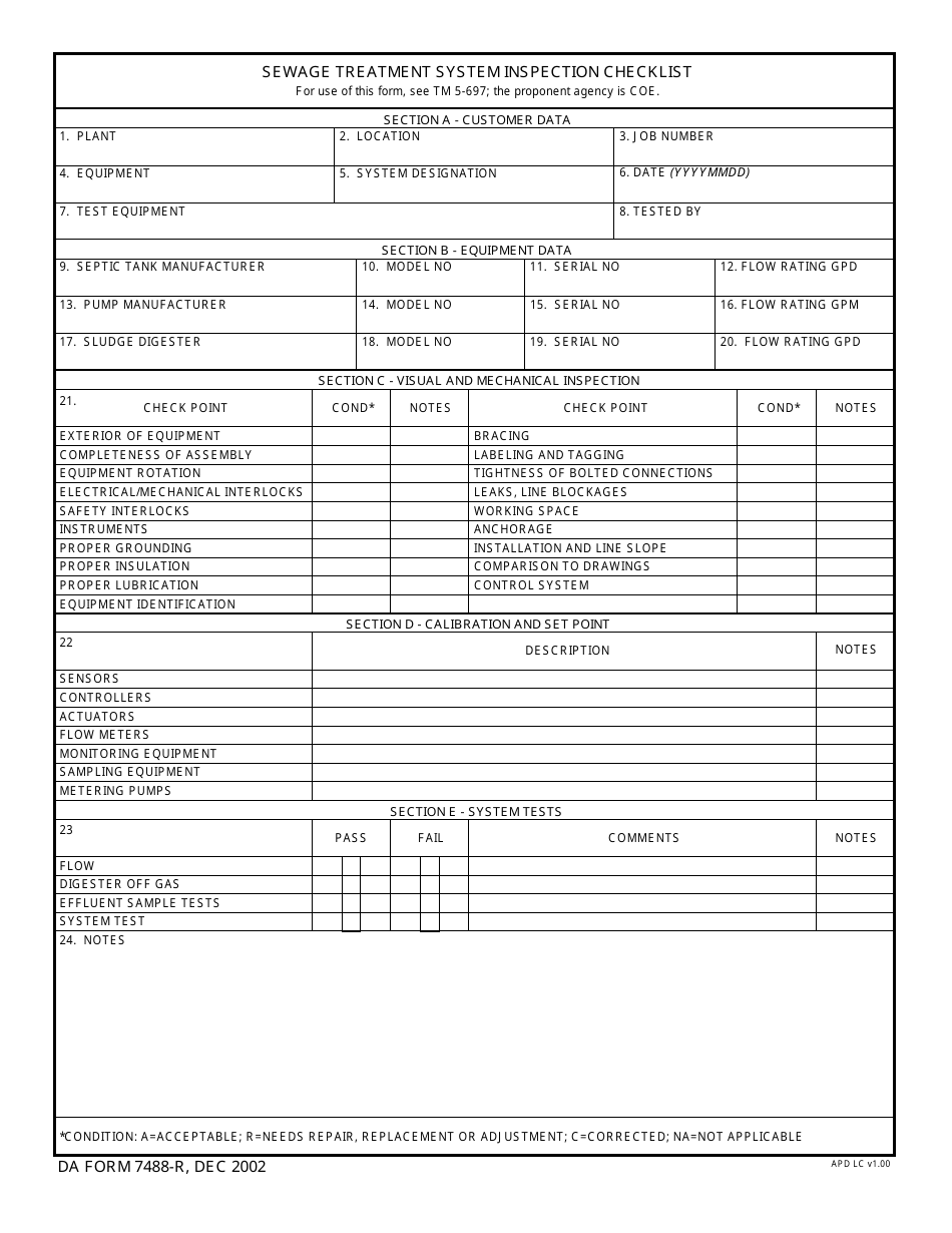 DA Form 7488-R Sewage Treatment Systems Inspection Checklist, Page 1