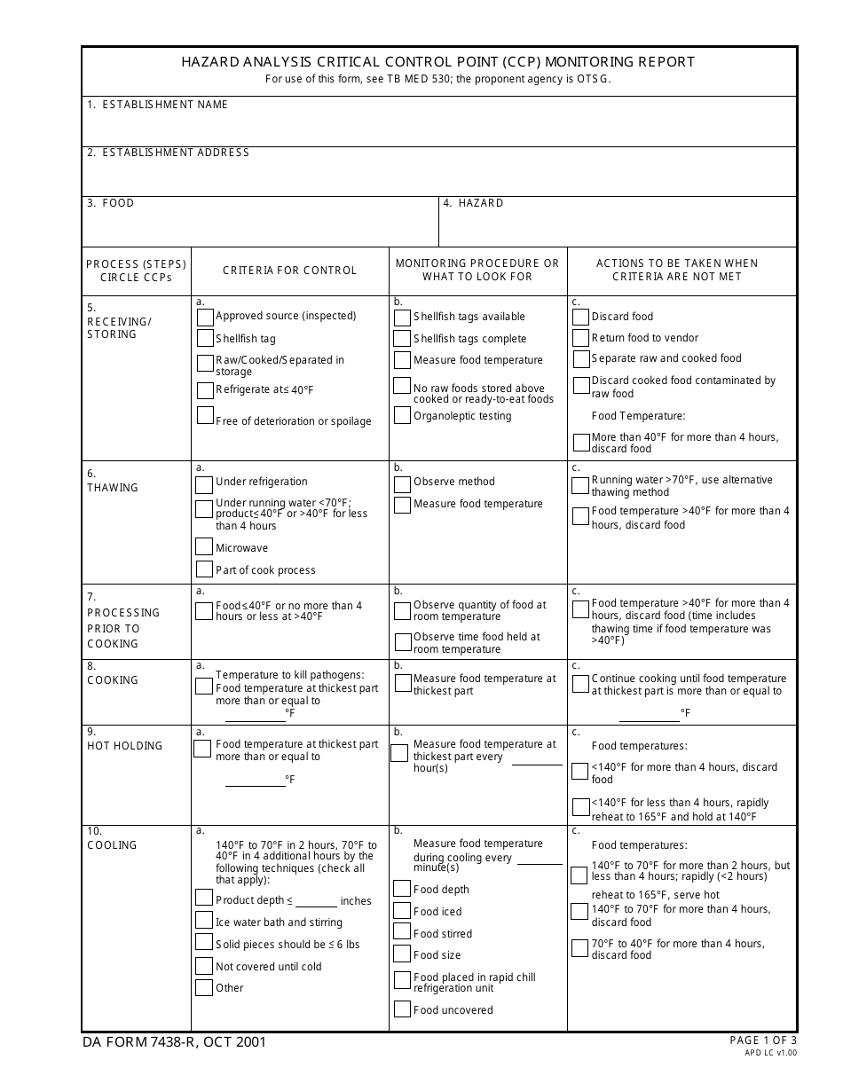 DA Form 7438-r Hazard Analysis Critical Control Point (Ccp) Monitoring Report, Page 1