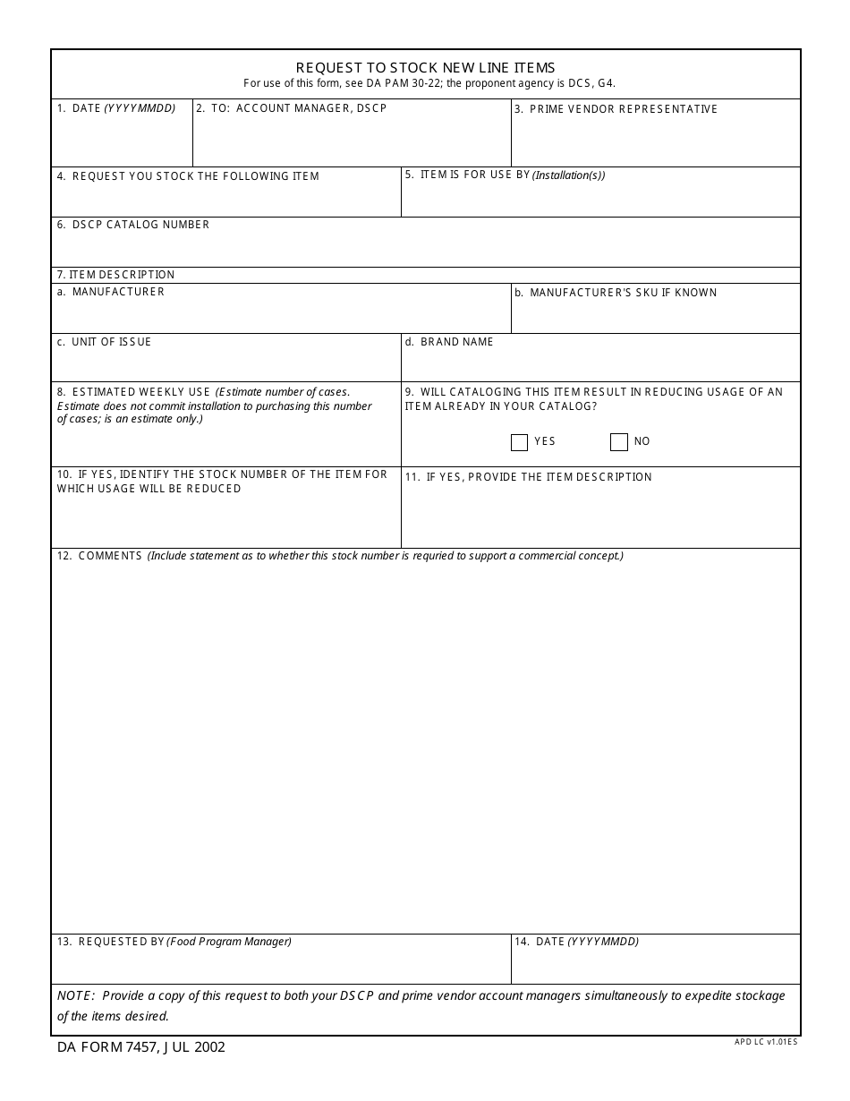 DA Form 7457 Request to Stock New Line Items, Page 1
