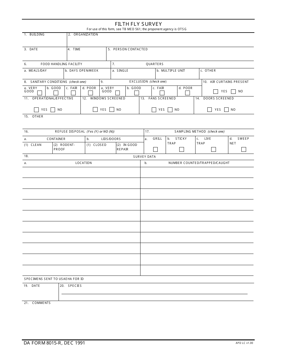 DA Form 8015-r Filth Fly Survey, Page 1