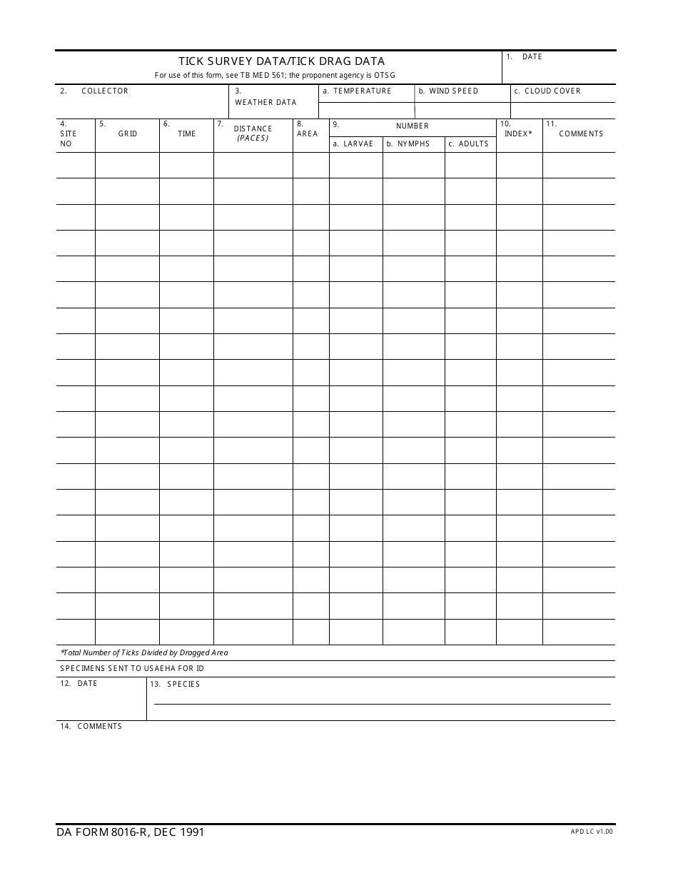 DA Form 8016-r Tick Survey Data, Tick Drag Data, Page 1