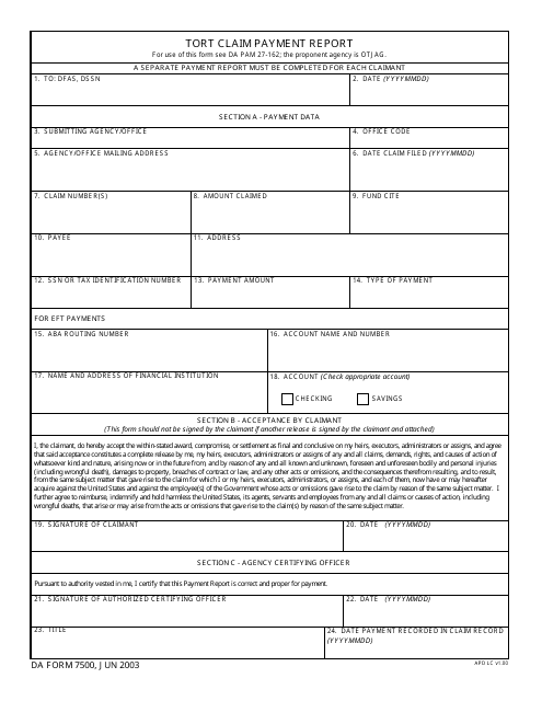 DA Form 7500 Tort Claim Payment Report