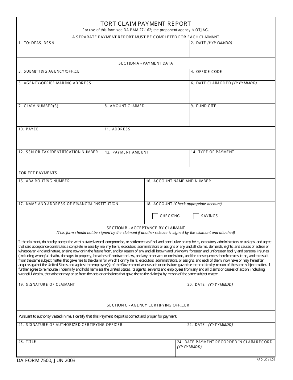 DA Form 7500 Tort Claim Payment Report, Page 1
