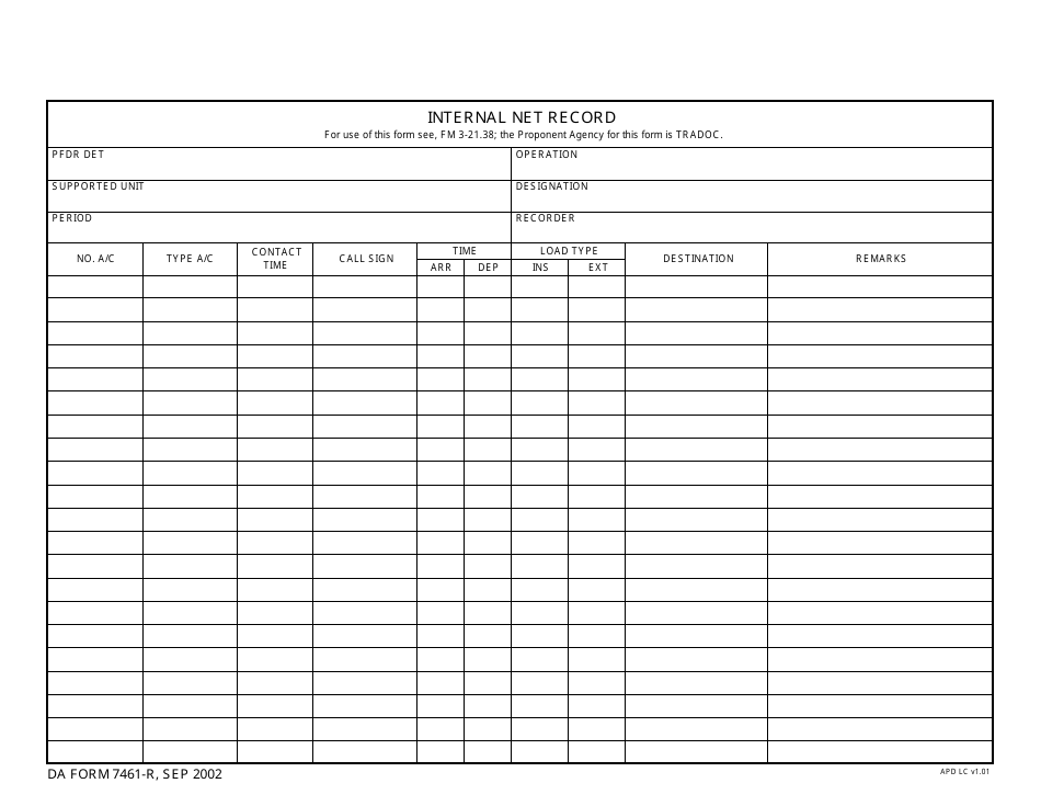 DA Form 7461-r Internal Net Record, Page 1