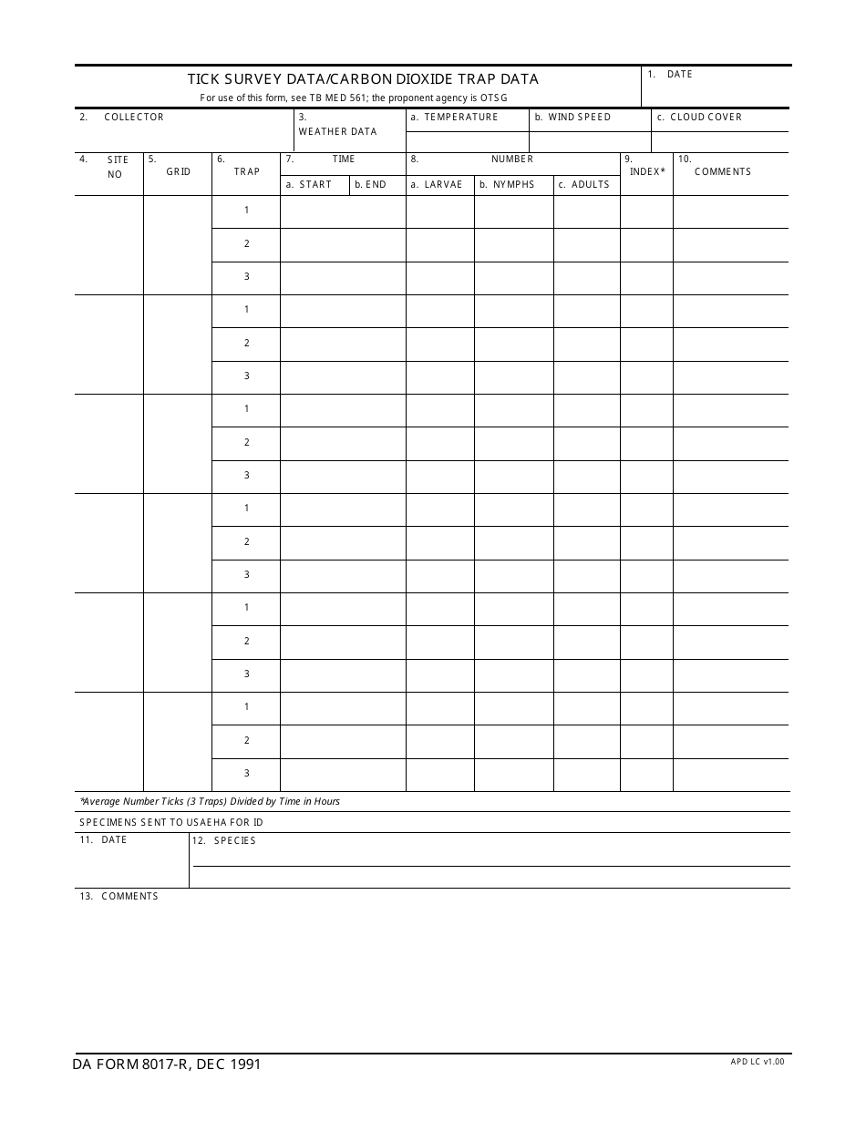 DA Form 8017-r Tick Survey Data, Carbon Dioxide Trap Data, Page 1
