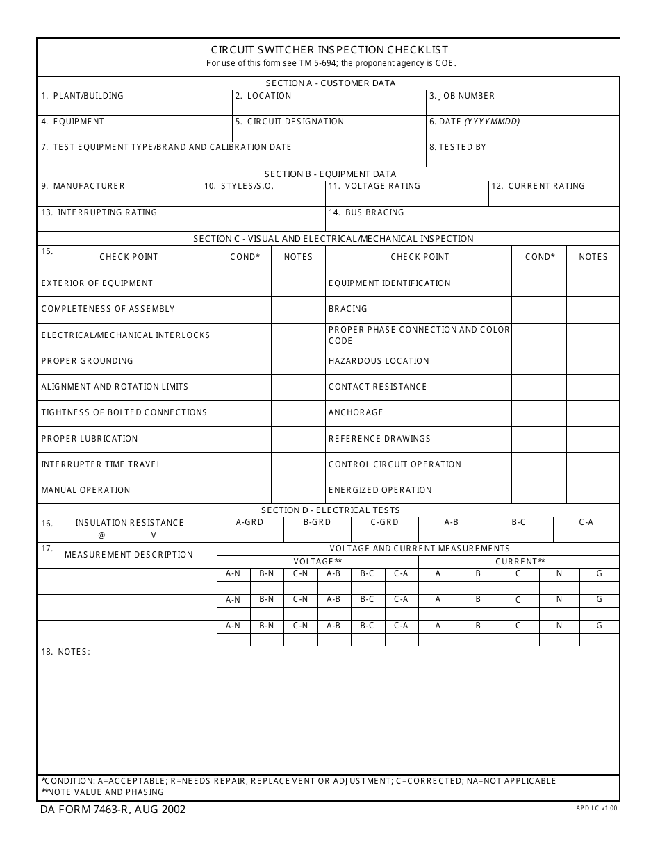 DA Form 7463-r Circuit Switcher Inspection Checklist, Page 1