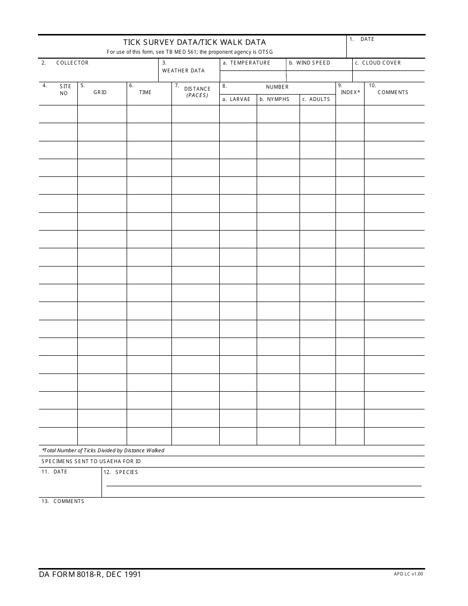 DA Form 8018-r Tick Survey Data, Tick Walk Data, Page 1