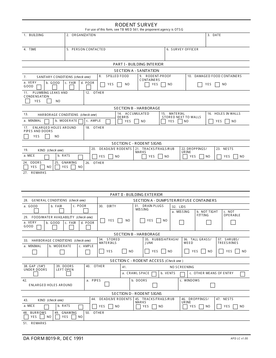 DA Form 8019-r Rodent Survey, Page 1