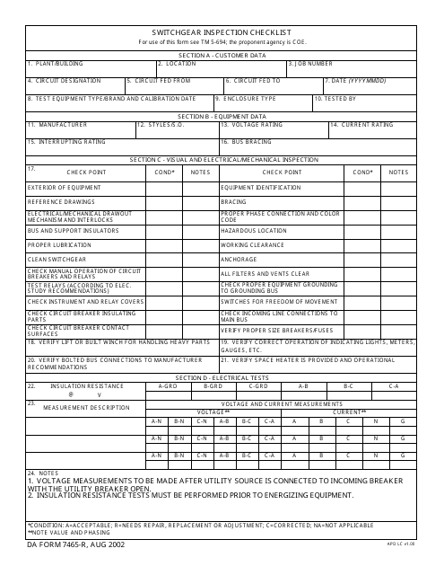 DA Form 7465-r Switchgear Inspection Checklist