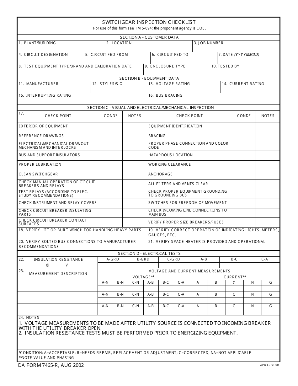 DA Form 7465-r Switchgear Inspection Checklist, Page 1