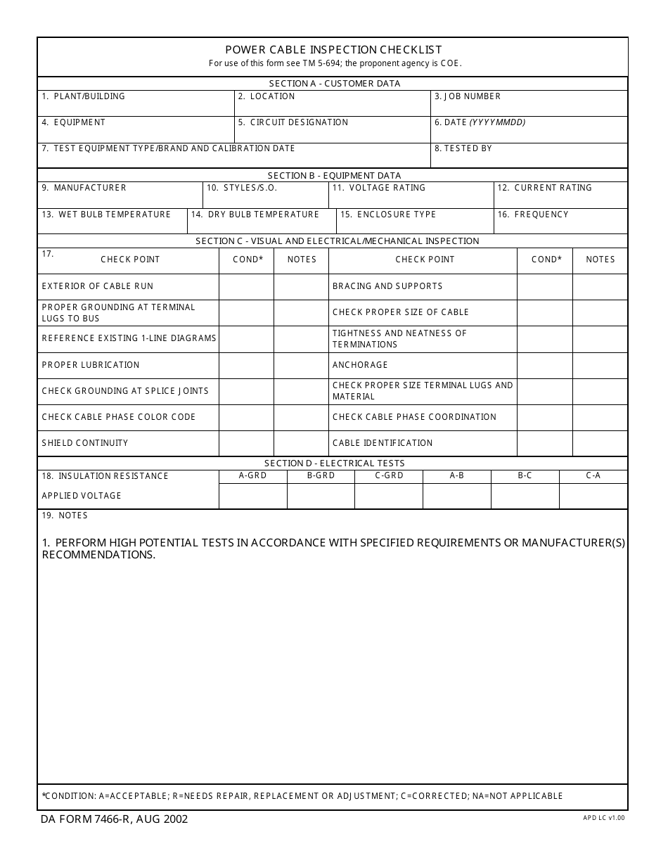 DA Form 7466-r Power Cable Inspection Checklist, Page 1