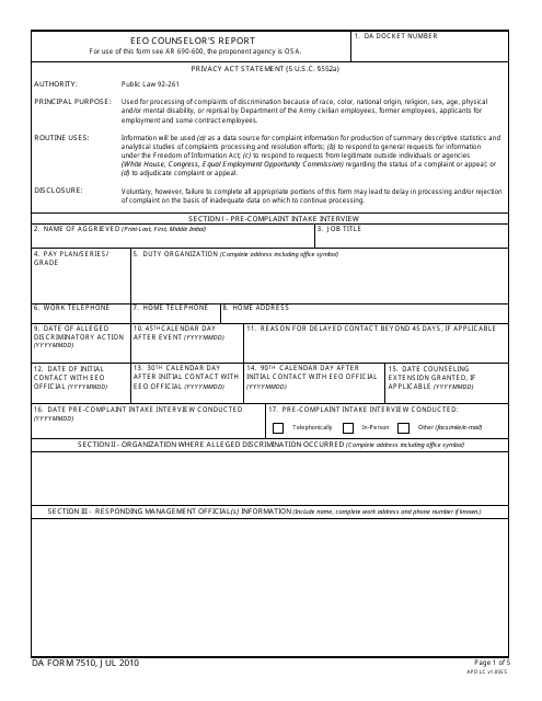 DA Form 7510 EEO Counselor's Report
