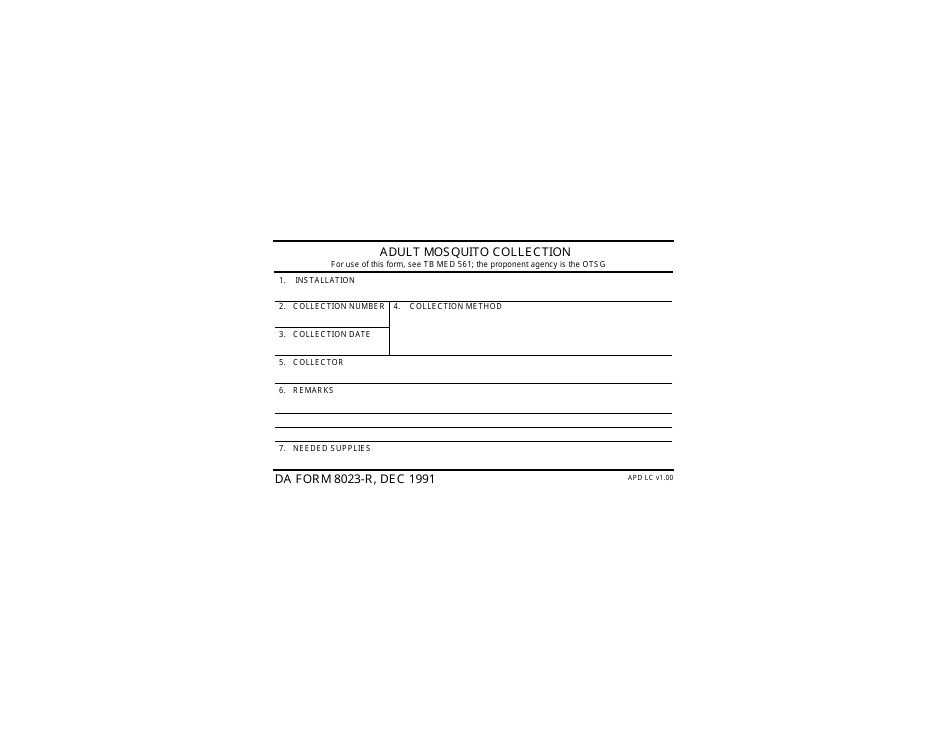 DA Form 8023-r Adult Mosquito Collection, Page 1
