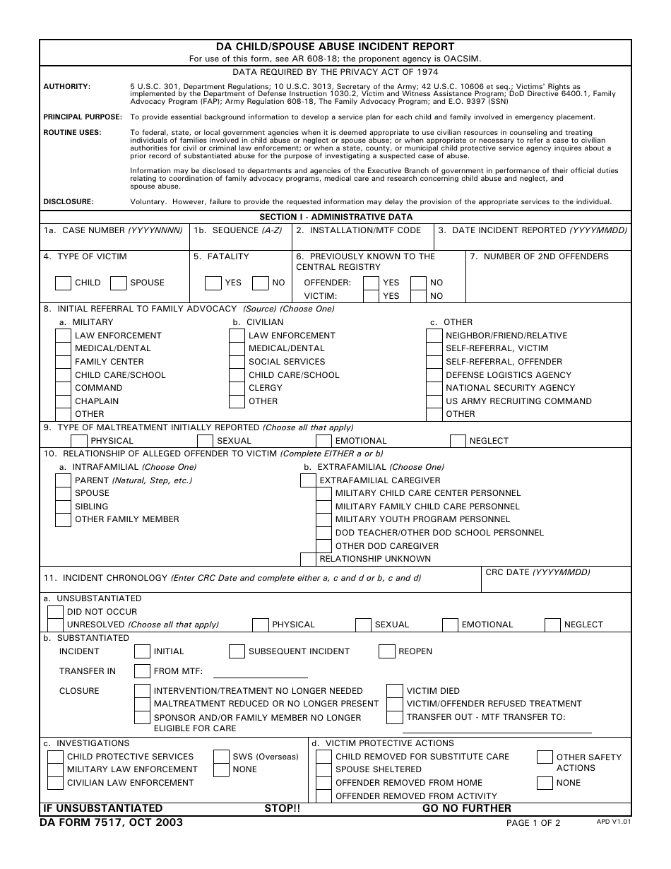 DA Form 7517 DA Child / Spouse Abuse Incident Report, Page 1