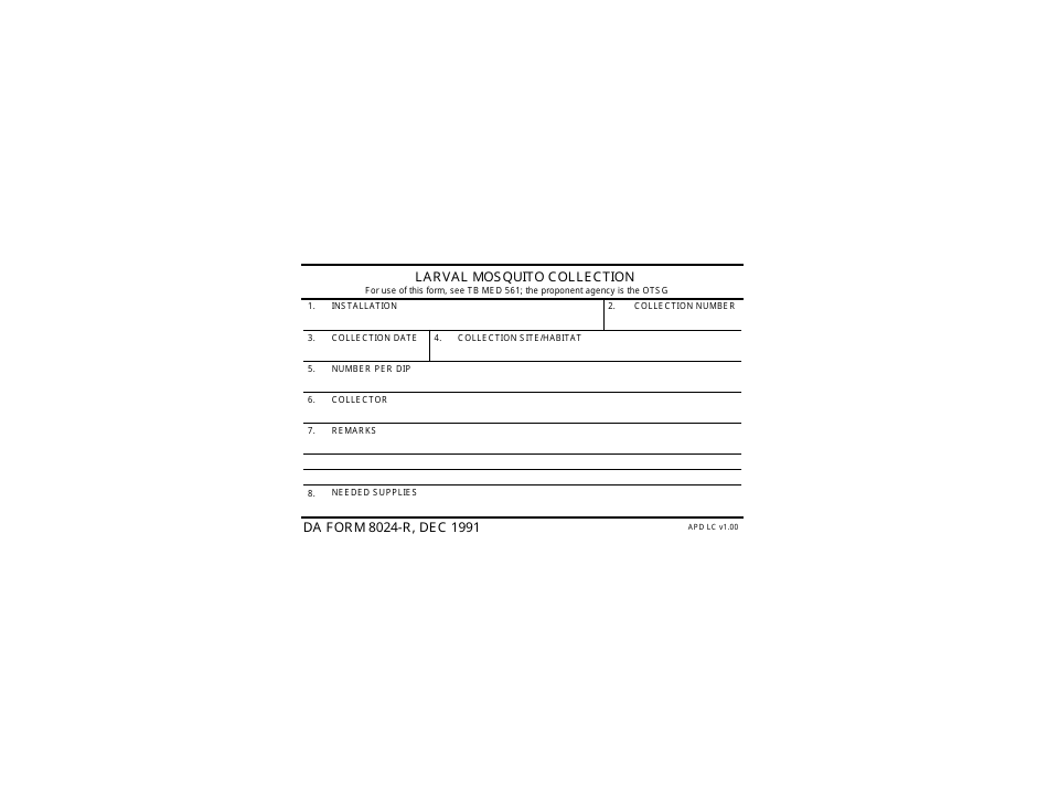 DA Form 8024-r Larval Mosquito Collection, Page 1