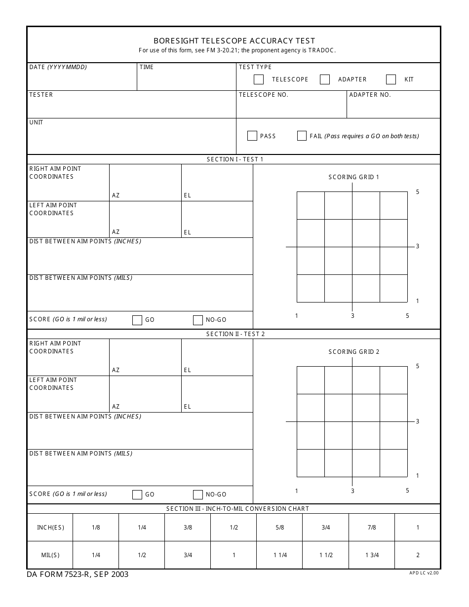 DA Form 7523 r Download Fillable PDF Or Fill Online Boresight Telescope 