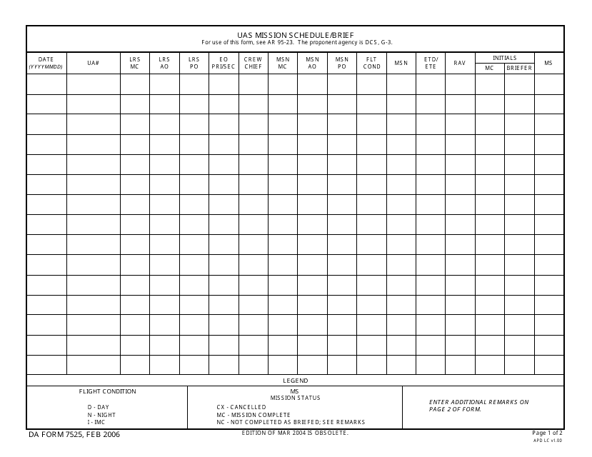 DA Form 7525 Uas Mission Schedule/Brief