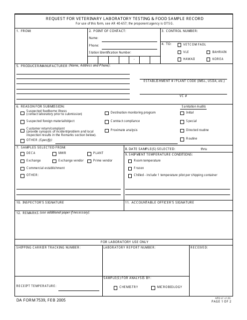 DA Form 7539  Printable Pdf