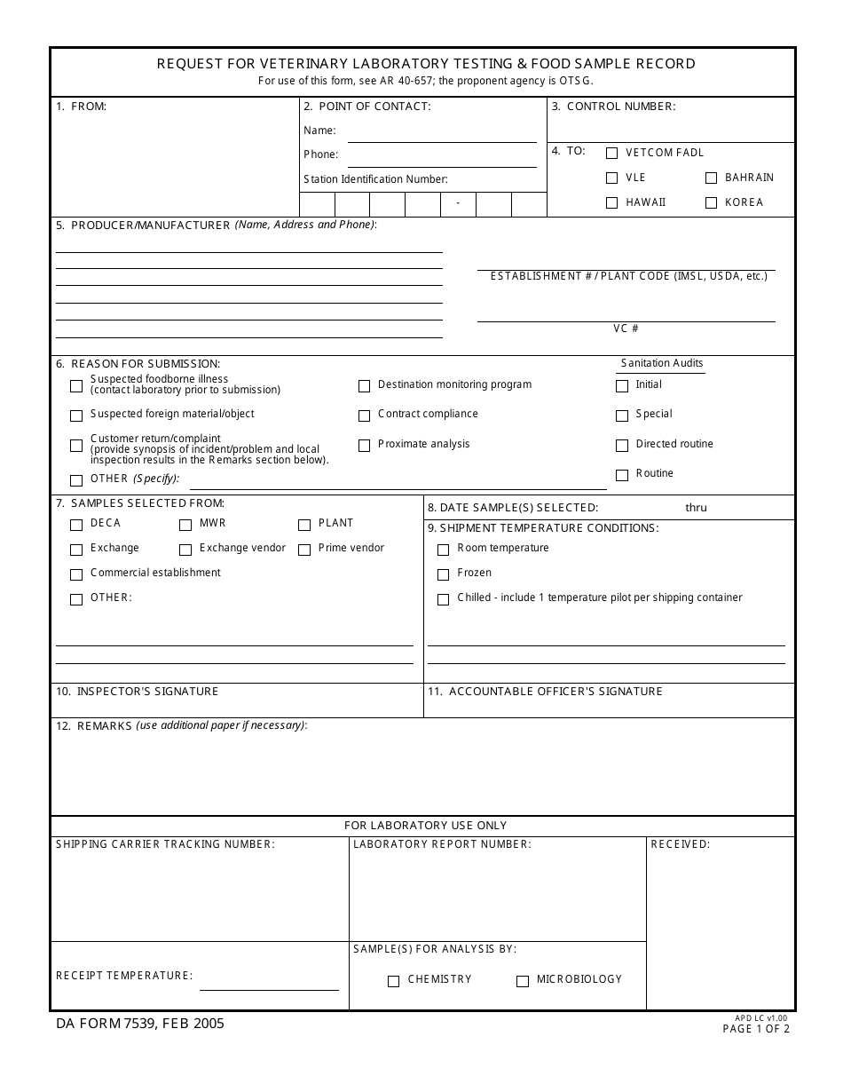 DA Form 7539 Request for Veterinary Laboratory Testing  Food Sample Record, Page 1