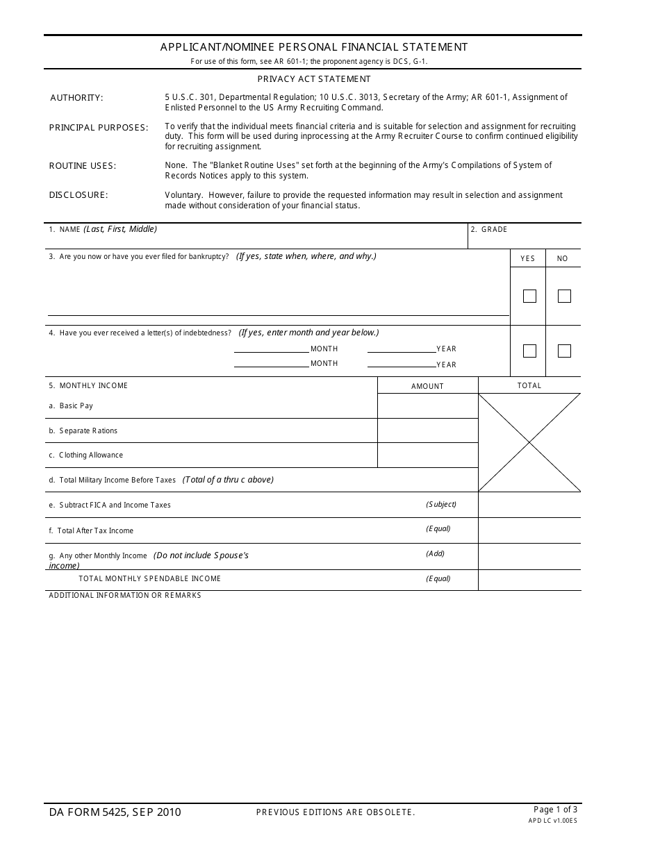 DA Form 5425 Applicant / Nominee Personal Financial Statement, Page 1