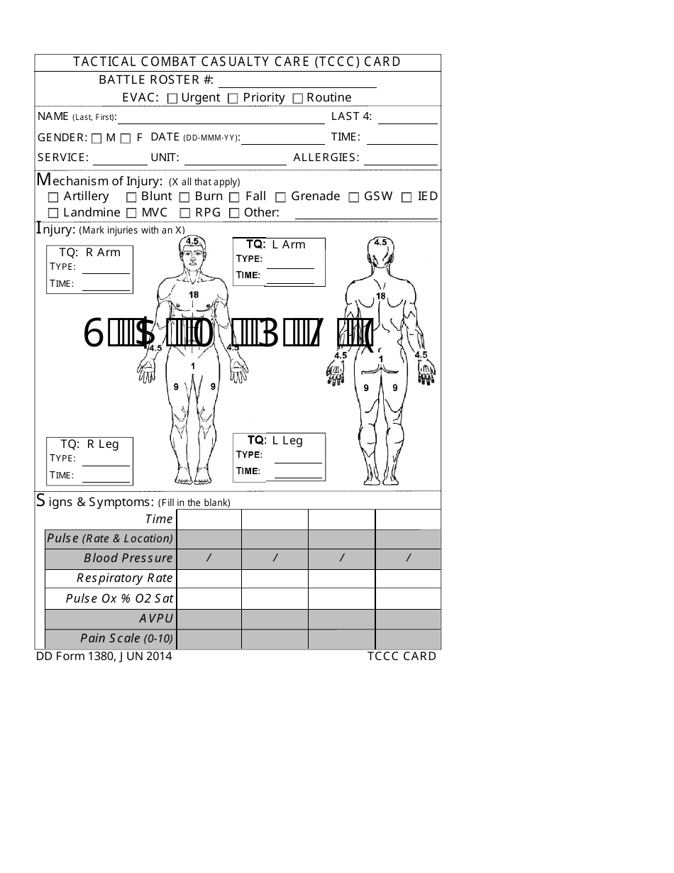Sample DD Form 1380 Tactical Combat Casualty Care (Tccc) Card, Page 1
