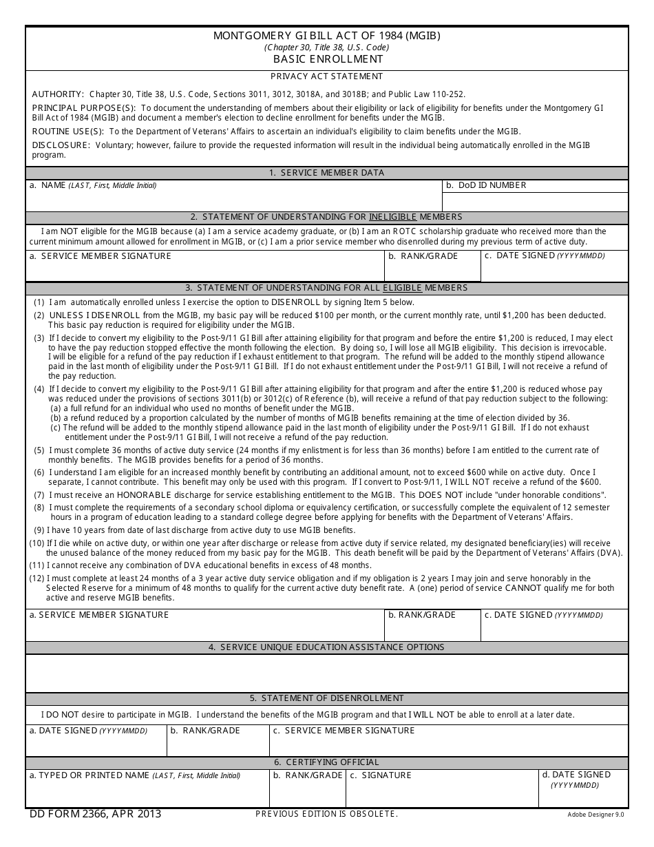 DD Form 2366 Montgomery Gi Bill Act of 1984 (Mgib) - Basic Enrollment, Page 1
