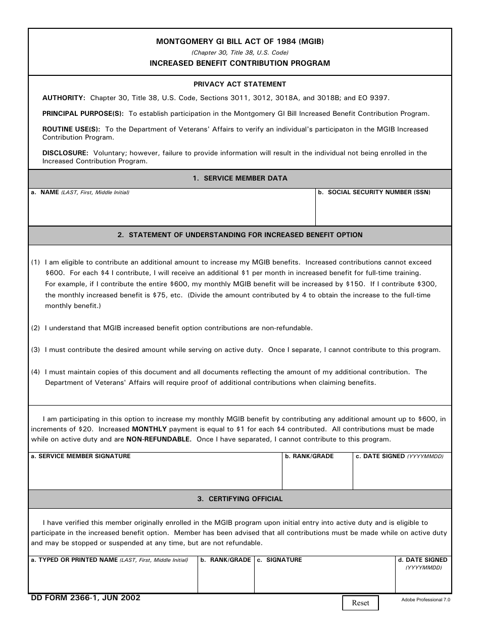 DD Form 2366-1 Montgomery Gi Bill Act of 1984 (Mgib), Increased Contribution Program, Page 1